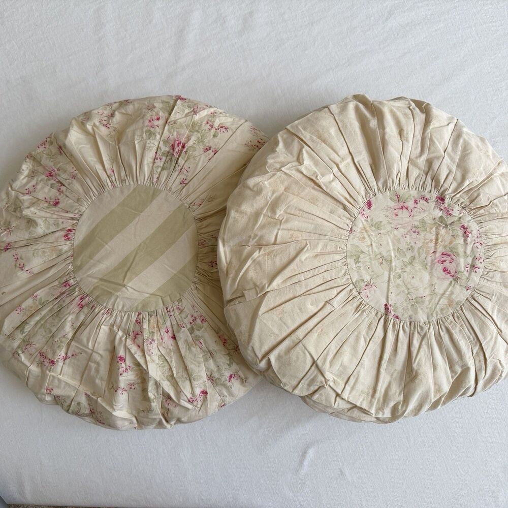 2 Vintage Simply Shabby Chic Rachel Ashwell Round Throw Pillow Stripe w Roses
